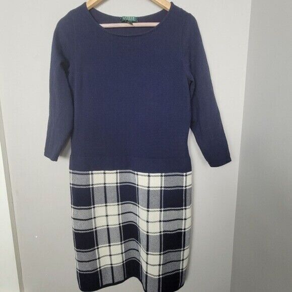 Lauren Ralph Lauren Tartan Plaid Sweater Dress Colorblock Midi Large - Picture 1 of 4
